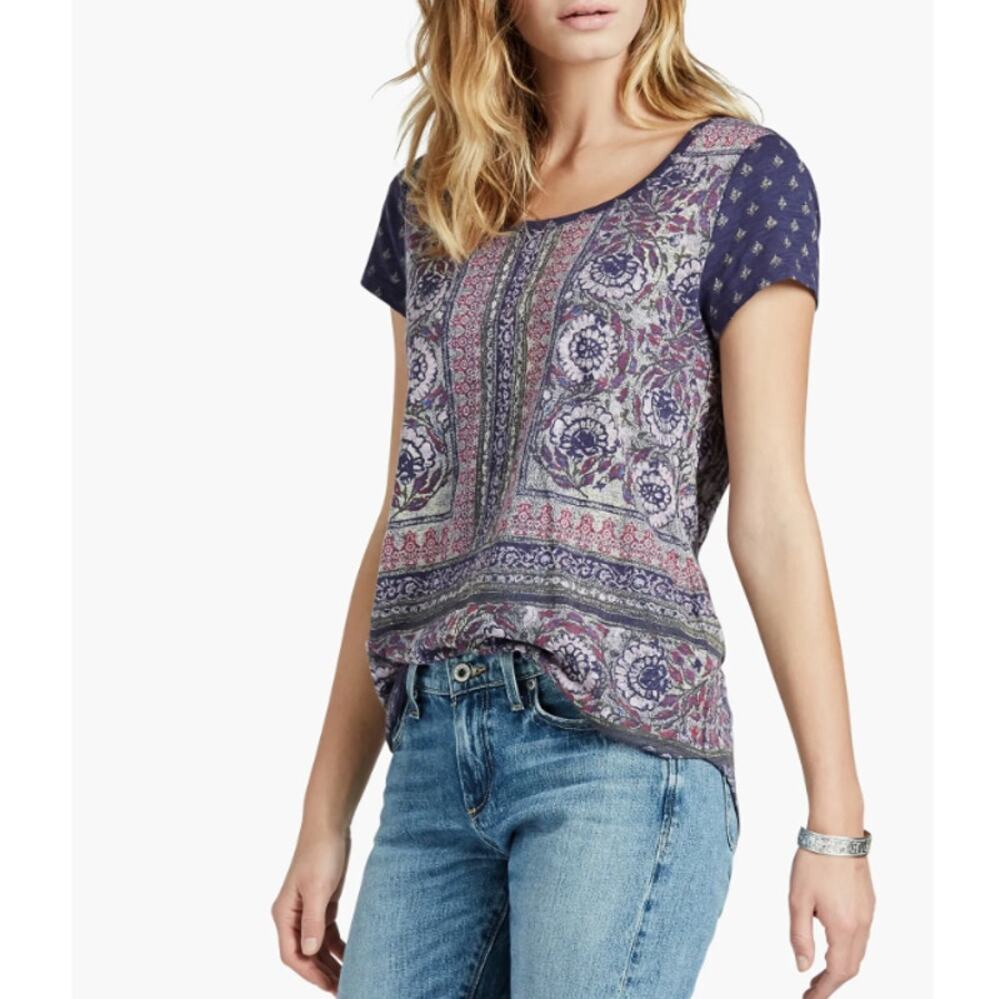 Lucky Brand Women's Blue Multi Painted Border Tee Size Small